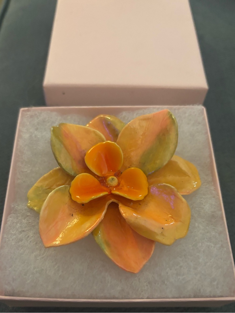 Mid Century Very light material gorgeous Flower Broach Enamel in Orange-Green.